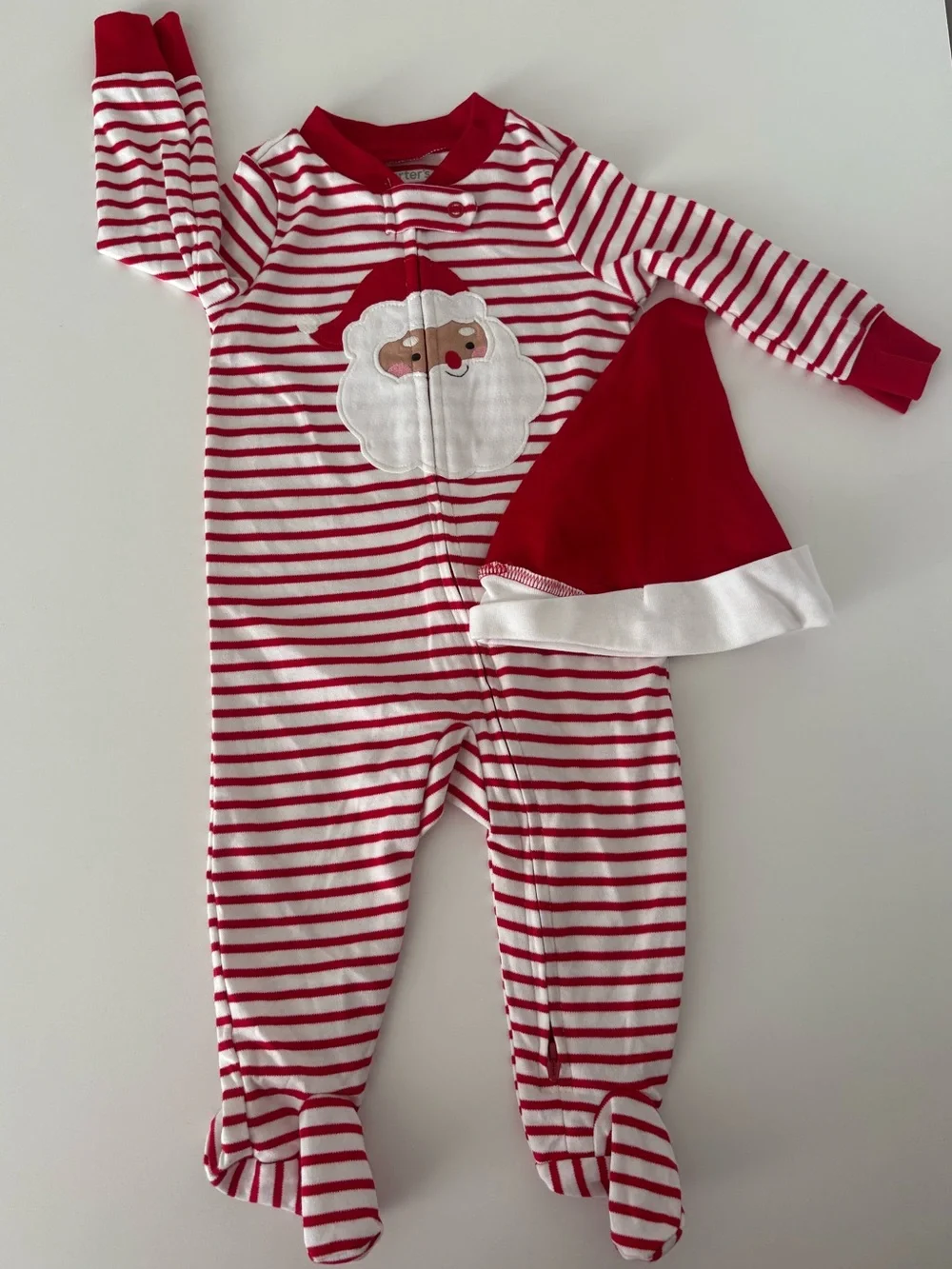 Carter's Red & White Striped Santa Footed One-Piece with Hat 6m baby
